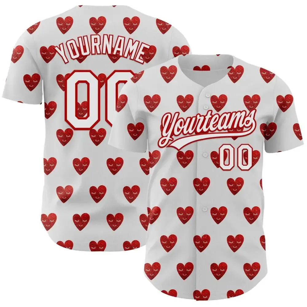 Custom White Red 3D Love Heart Valentine'S Day Authentic Baseball Jersey Image