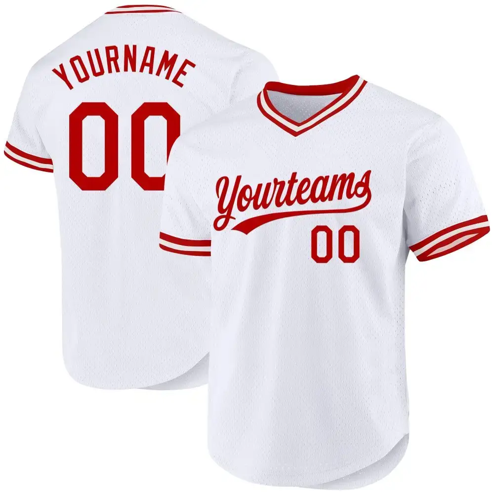 Custom White Red Authentic Throwback Baseball Jersey Image
