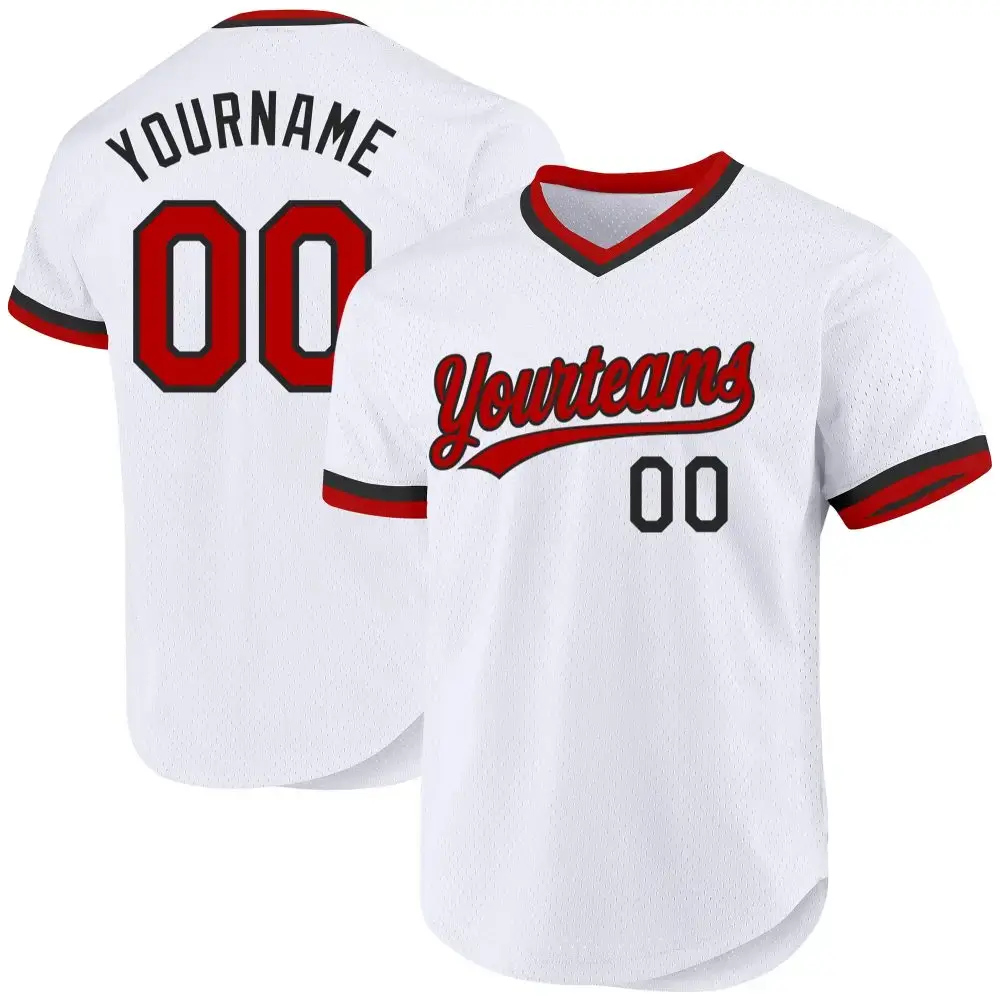 Custom White Red-Black Authentic Throwback Baseball Jersey Image
