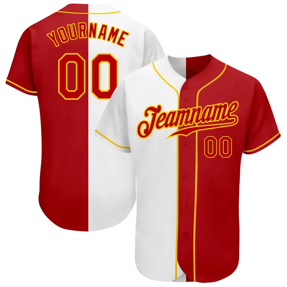 Custom White Red-Gold Authentic Split Fashion Baseball Jersey Image