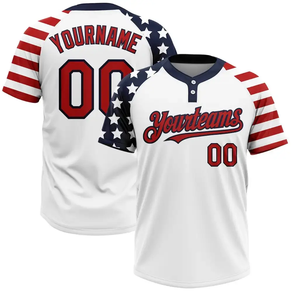 Custom White Red-Navy 3D American Flag Fashion Two-Button Unisex Softball Jersey Image