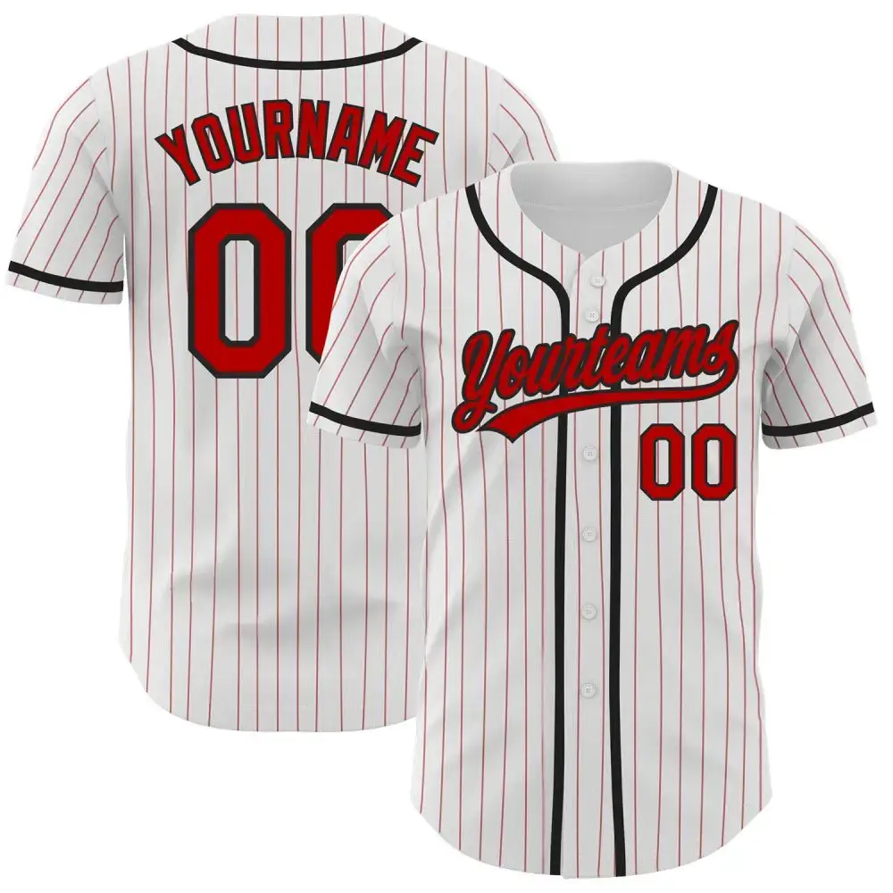 Custom White Red Pinstripe Red-Black Authentic Baseball Jersey Image