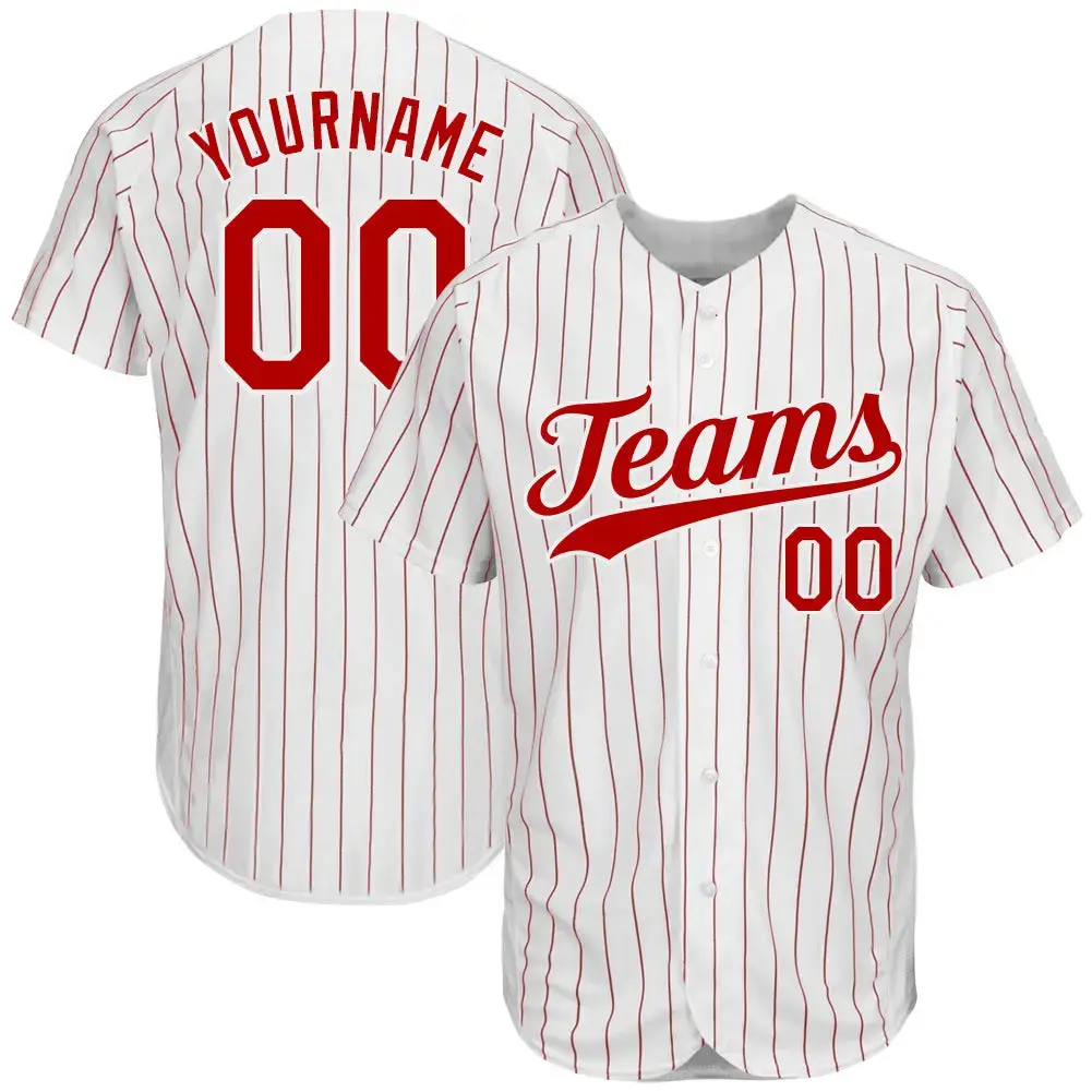 Custom White Red Pinstripe Red-White Authentic Baseball Jersey Image
