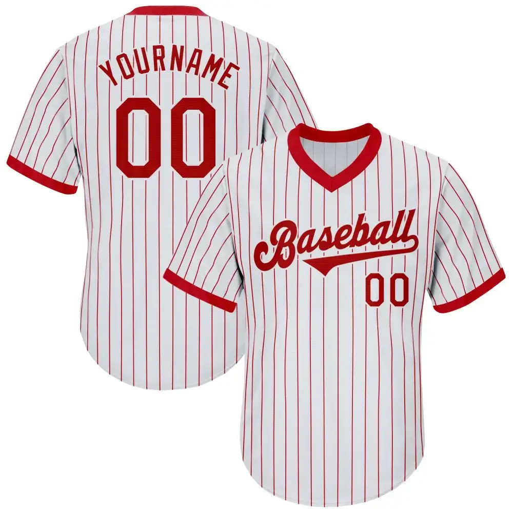 Custom White Red Pinstripe Red-White Authentic Throwback Rib-Knit Baseball Jersey Shirt Image