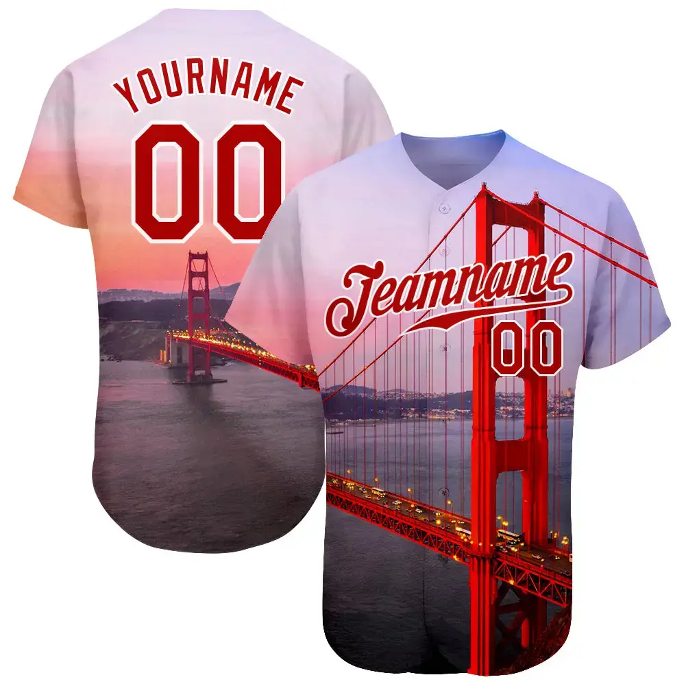 Custom White Red-White 3D Pattern Design Golden Gate Bridge Authentic Baseball Jersey Image