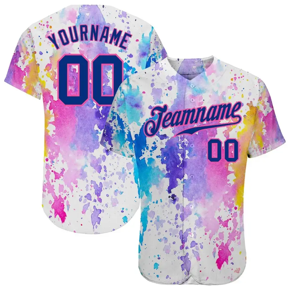 Custom White Royal-Pink 3D Pattern Design Watercolor Authentic Baseball Jersey Image