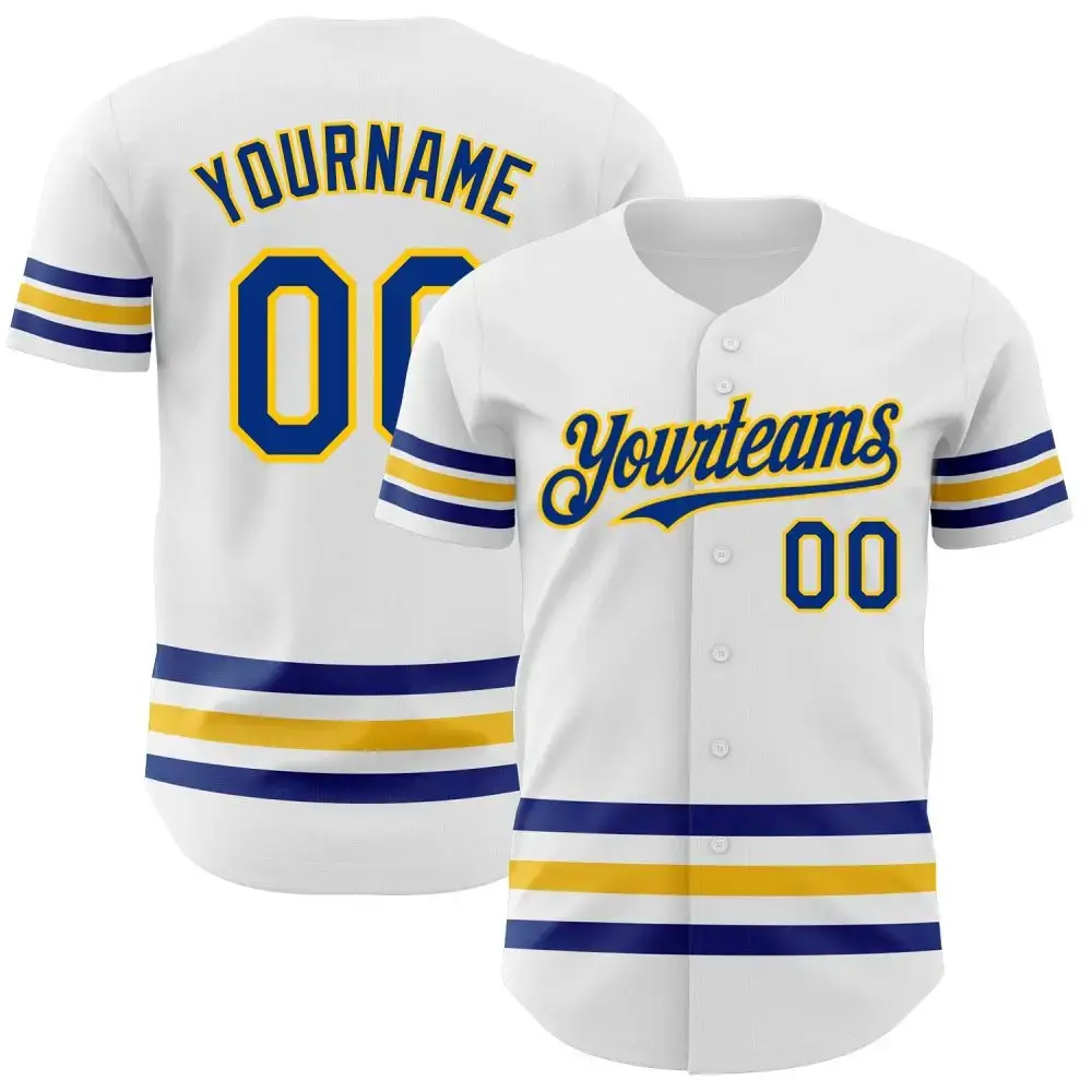 Custom White Royal-Yellow Line Authentic Baseball Jersey Image