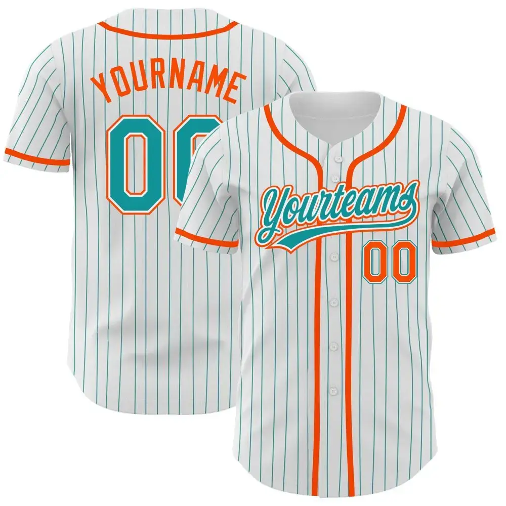 Custom White Teal Pinstripe Teal-Orange Authentic Baseball Jersey Image