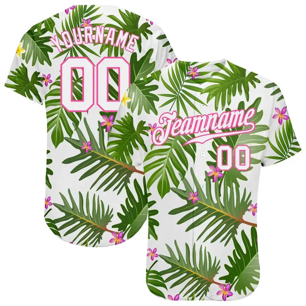 Custom White White-Pink 3D Pattern Design Tropical Palm Leaves Authentic Baseball Jersey Image