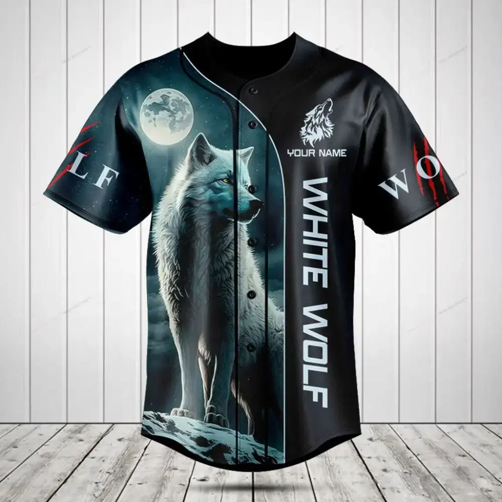 Custom White Wolf Baseball Jersey – Moonlit Design, Personalized Name, Perfect Gift! Image