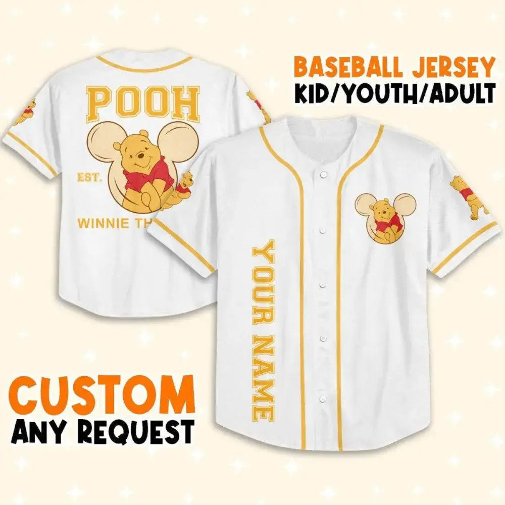 Custom Winnie The Pooh Baseball Jersey For Kids/Youth/Adults - Personalize Your Name! Image