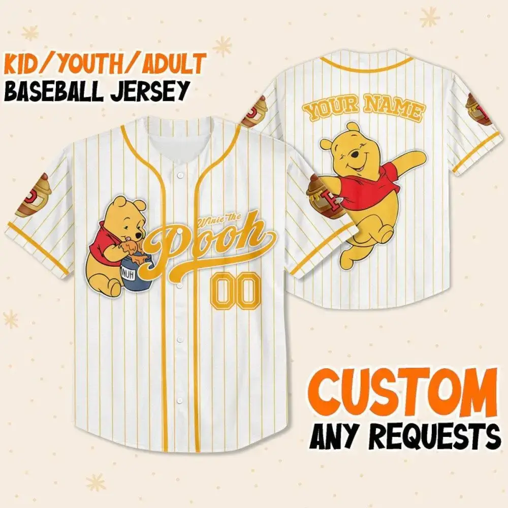 Custom Winnie The Pooh Baseball Jersey - Kids/Youth/Adult Sizes - Personalize With Your Name! Image
