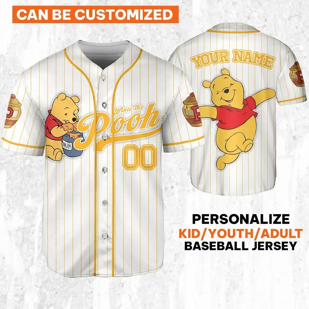 Custom Winnie The Pooh Baseball Jersey - Personalize For Kids/Youth/Adults Image