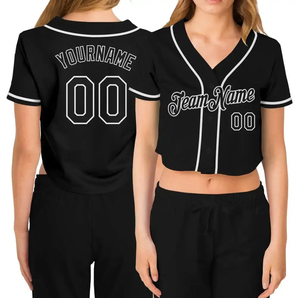 Custom Women'S Black Black-White V-Neck Cropped Baseball Jersey Image