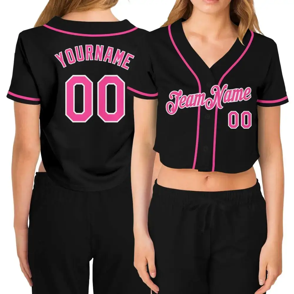 Custom Women'S Black Pink-White V-Neck Cropped Baseball Jersey Image