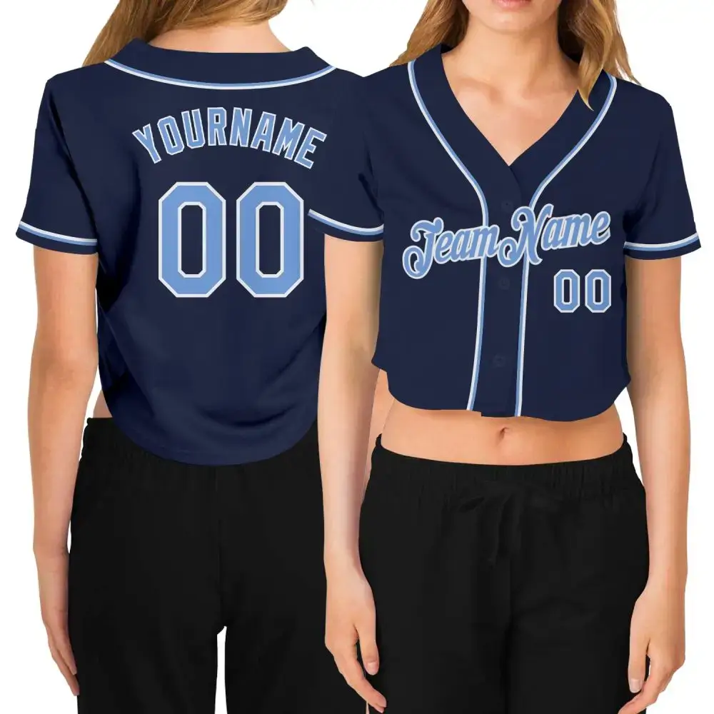 Custom Women'S Navy Light Blue-White V-Neck Cropped Baseball Jersey Image