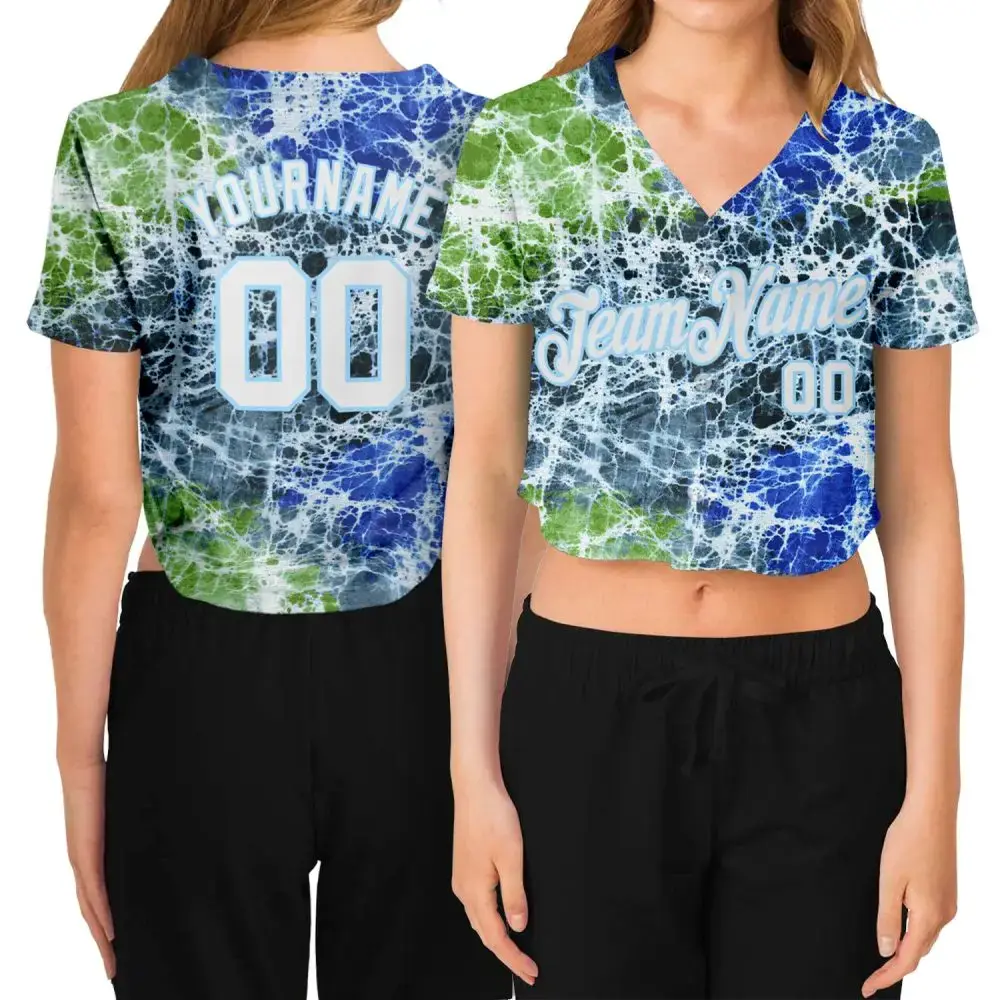 Custom Women'S Tie Dye White-Light Blue Abstract Art 3D V-Neck Cropped Baseball Jersey Image