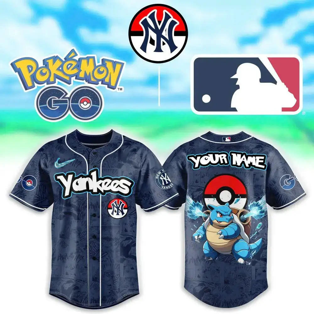 Custom Yankees Pokémon Go Baseball Jersey – Your Name & Blastoise Design Image