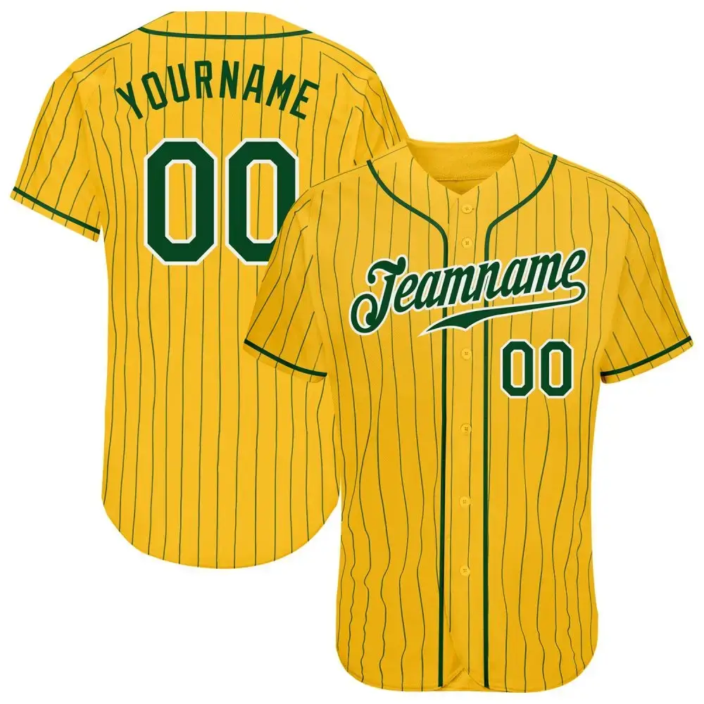 Custom Yellow Green Pinstripe Green-White Authentic Baseball Jersey Image