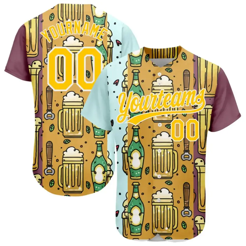 Custom Yellow White 3D Pattern Design Beer Festival Authentic Baseball Jersey Image