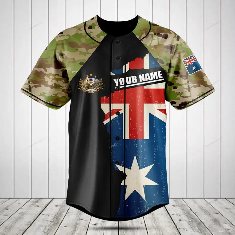 Customizable Australian Flag Baseball Jersey With Camo Sleeves – Unisex Sportswear Image
