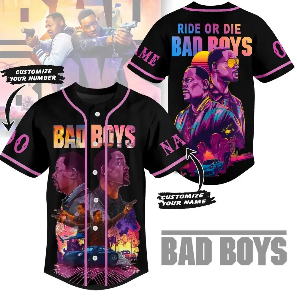 Customizable 'Bad Boys' Baseball Jersey – Personalized Name & Number, Vibrant Movie Art Design Image