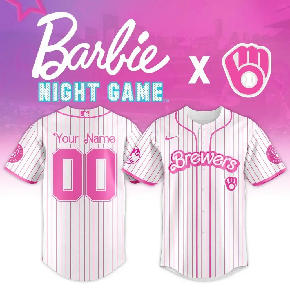 Customizable Barbie Night Game Brewers Jersey - Pink Stripes & Logo, Personalize Yours! Image