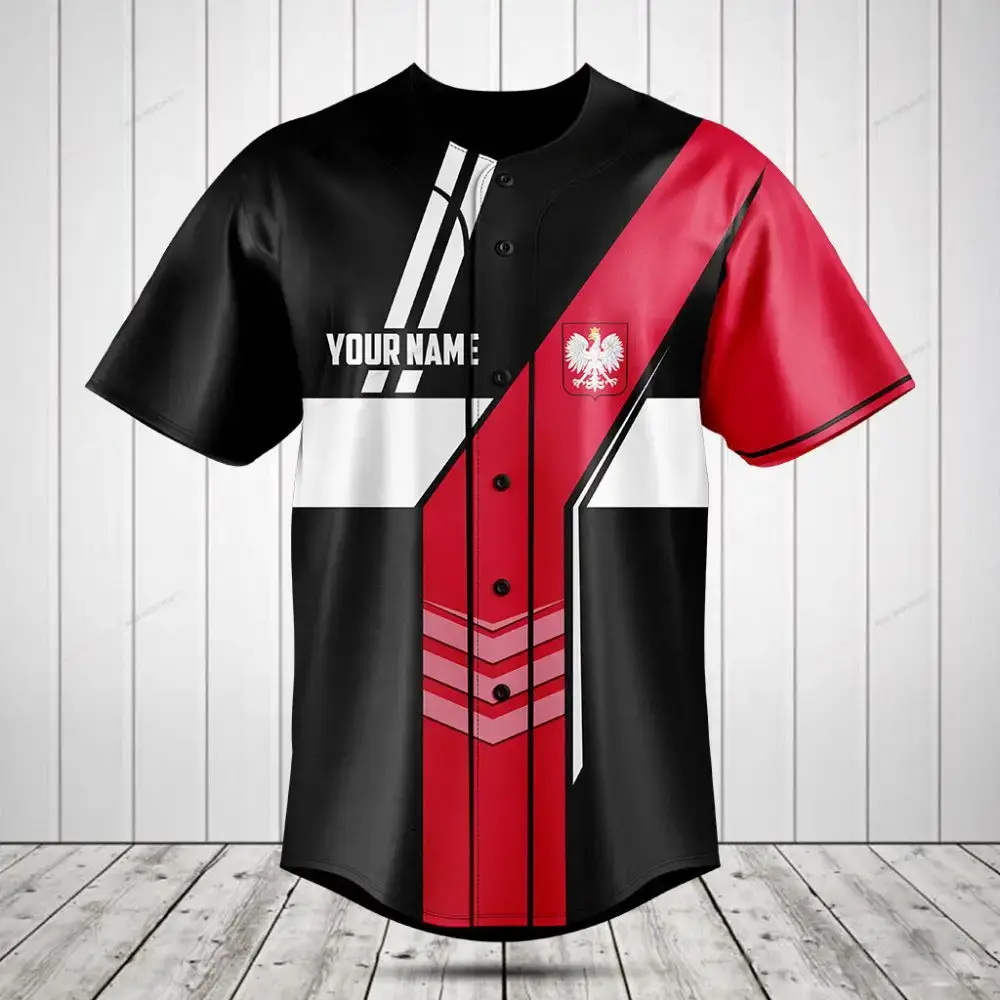 Customizable Black & Red Baseball Jersey With Poland Eagle Design – Personalize Your Name Image