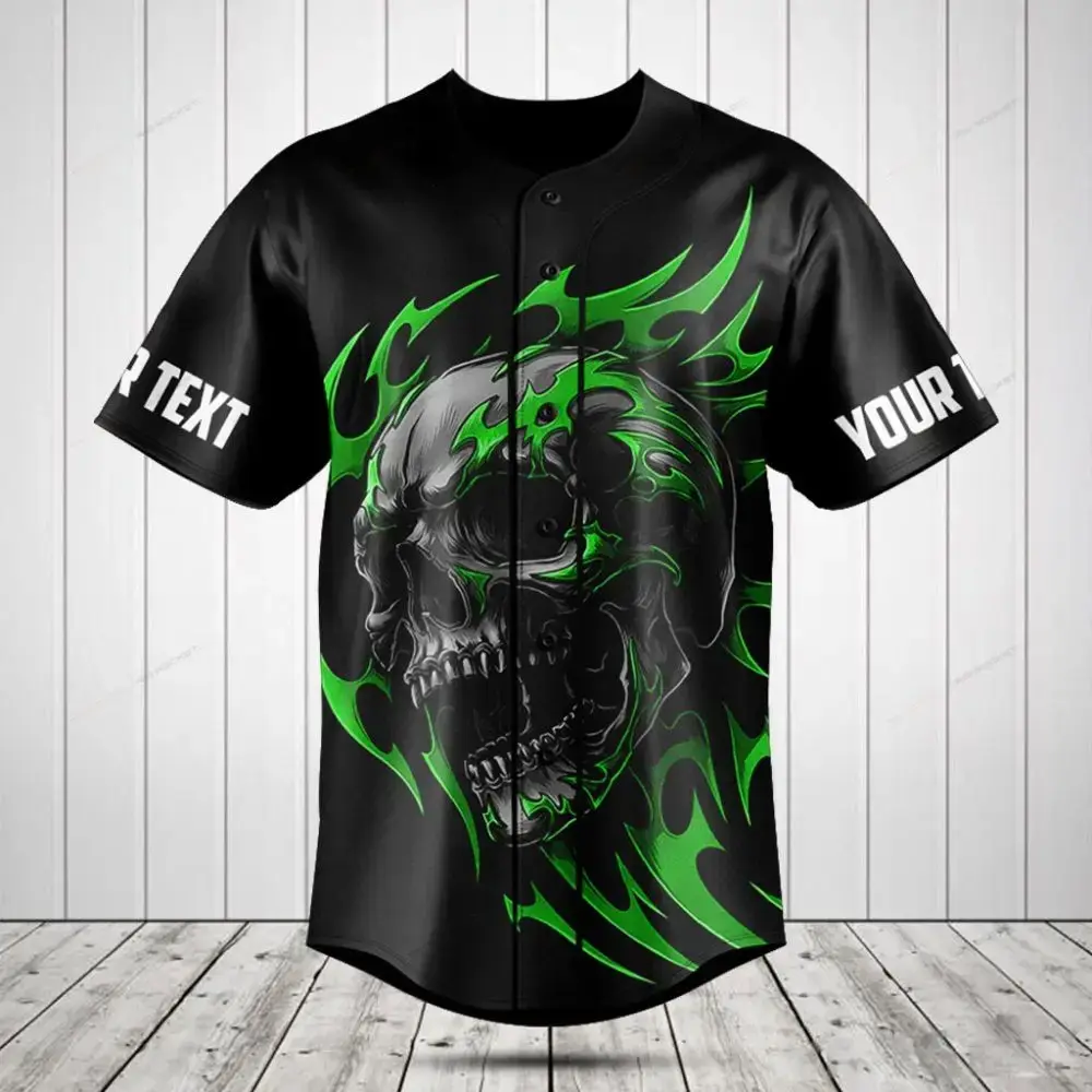 Customizable Black Skull & Flames Baseball Jersey - Bold Graphic Tee For Unique Style Image