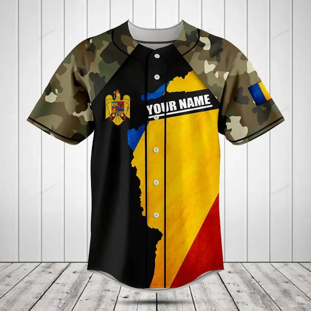 Customizable Camo Baseball Jersey With Romania Flag Design - Personalized Sportswear Image