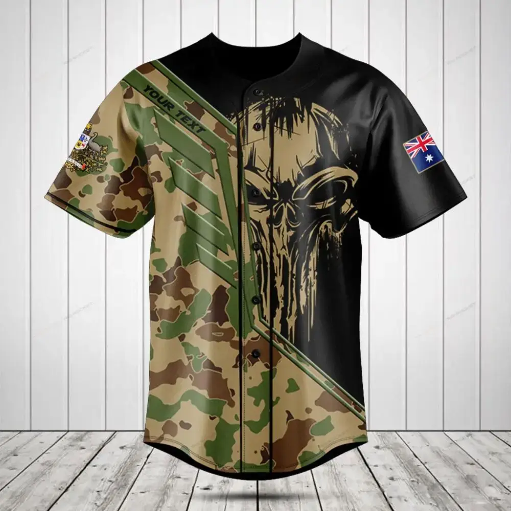 Customizable Camo Skull Baseball Jersey – Military Style With Flag Patch Image