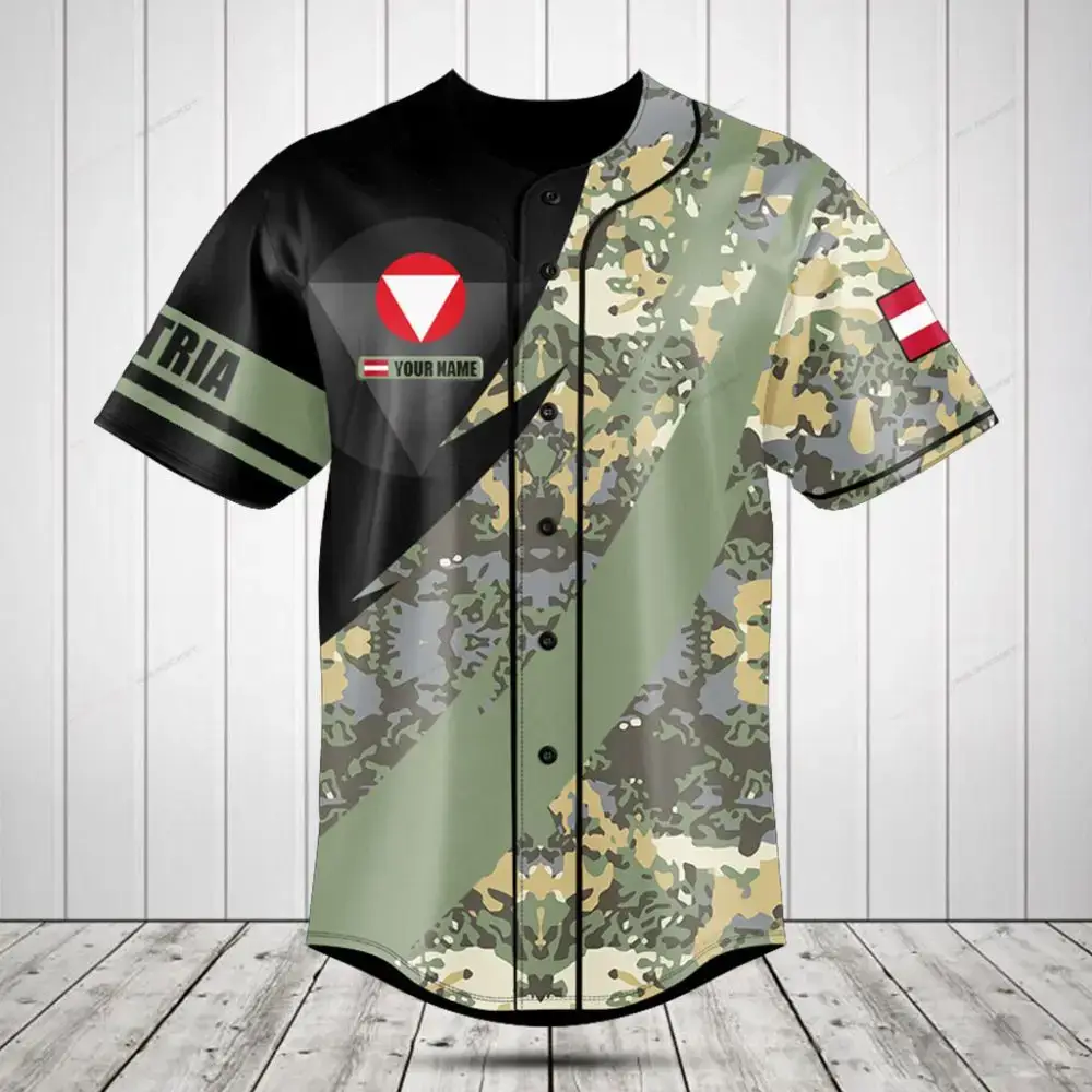 Customizable Camouflage Baseball Jersey With Austrian Flag - Personalized Sportswear Image