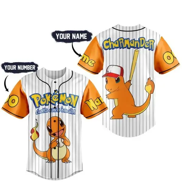 Customizable Charmander Baseball Jersey - Personalize Name & Number - Pokémon Fan Gift Image