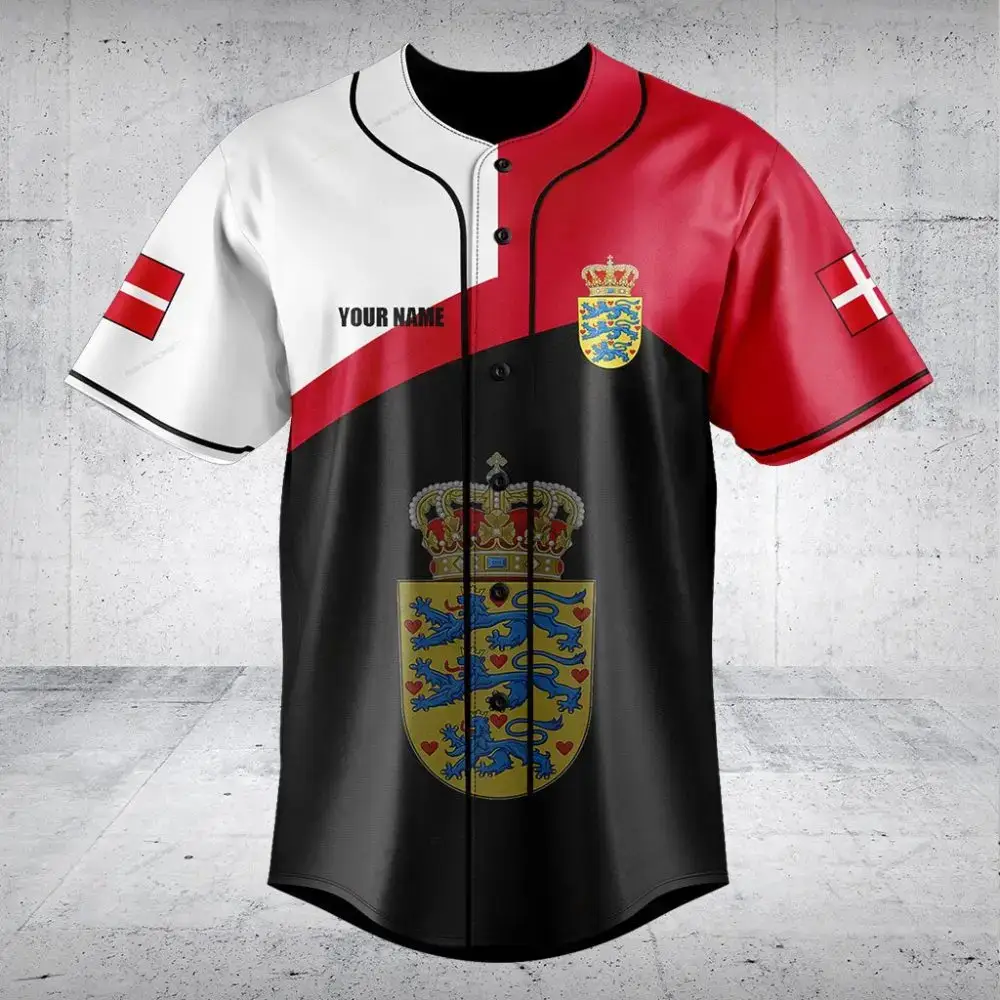 Customizable Danish Flag Baseball Jersey - Personalized Sportswear With Royal Crest Design Image