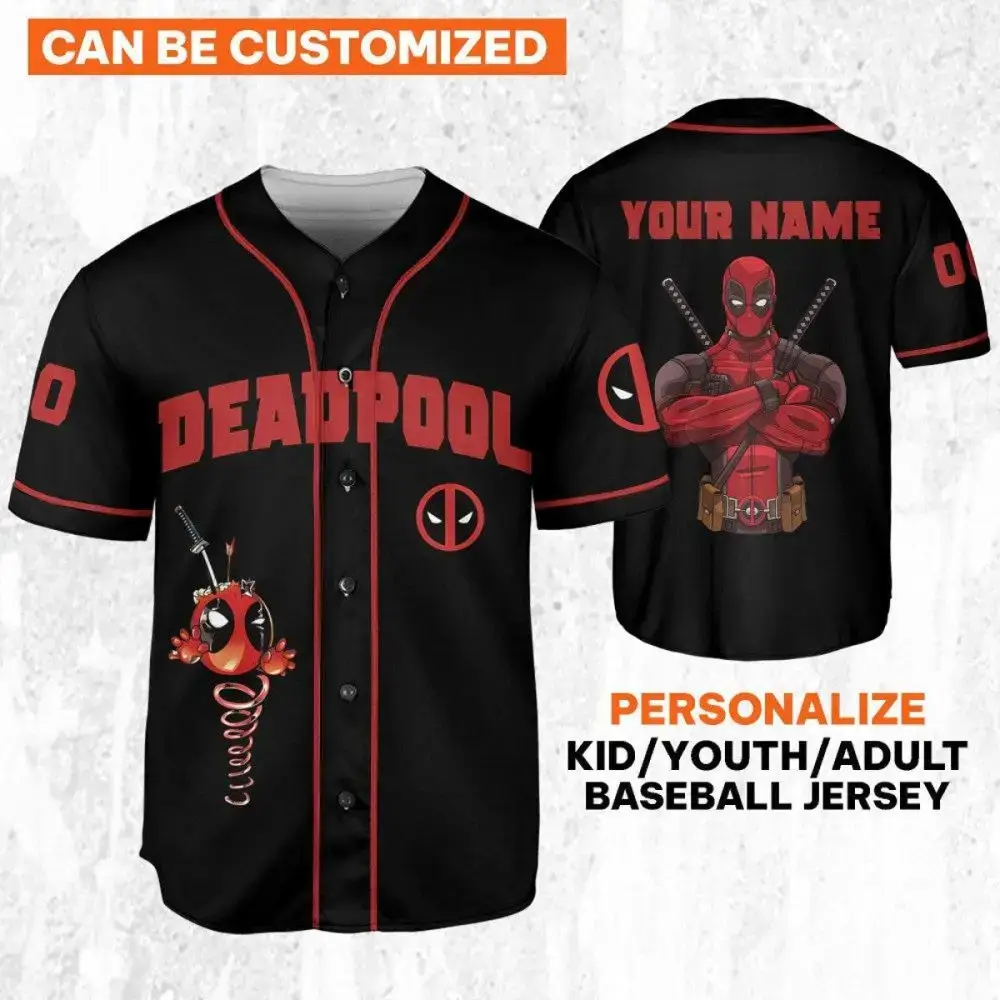 Customizable Deadpool Baseball Jersey For Kids/Youth/Adults – Personalize Your Style! Image