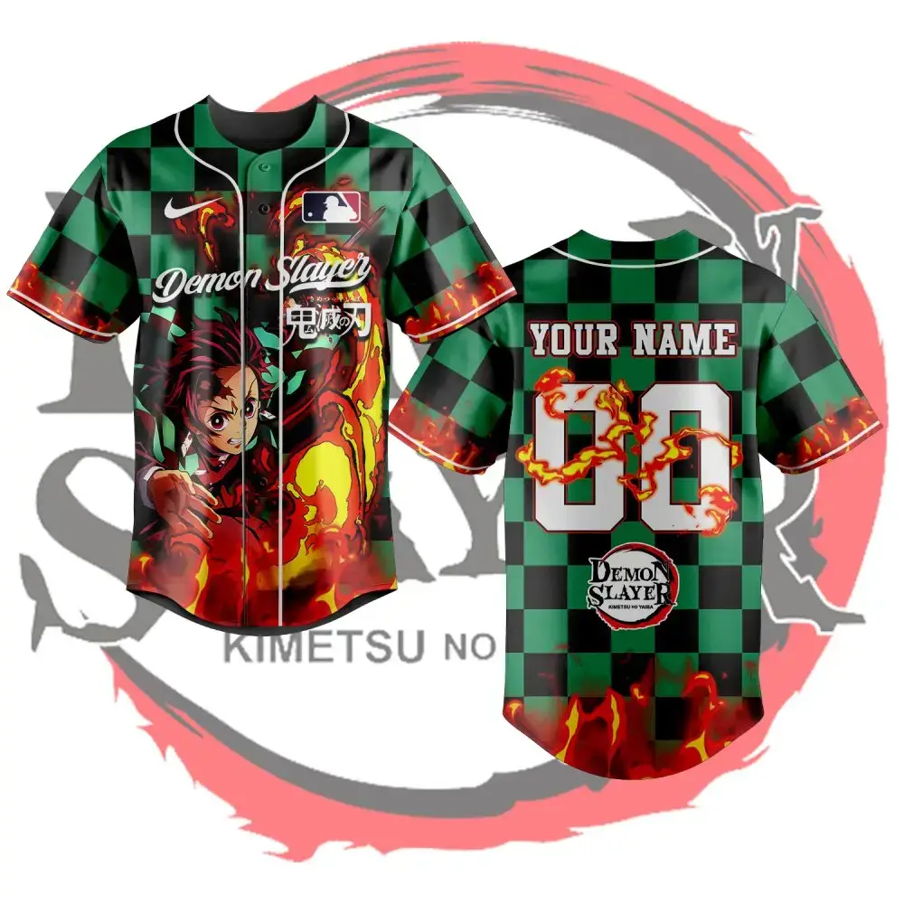 Customizable Demon Slayer Baseball Jersey – Anime Fan Apparel With Flames & Personalization Image