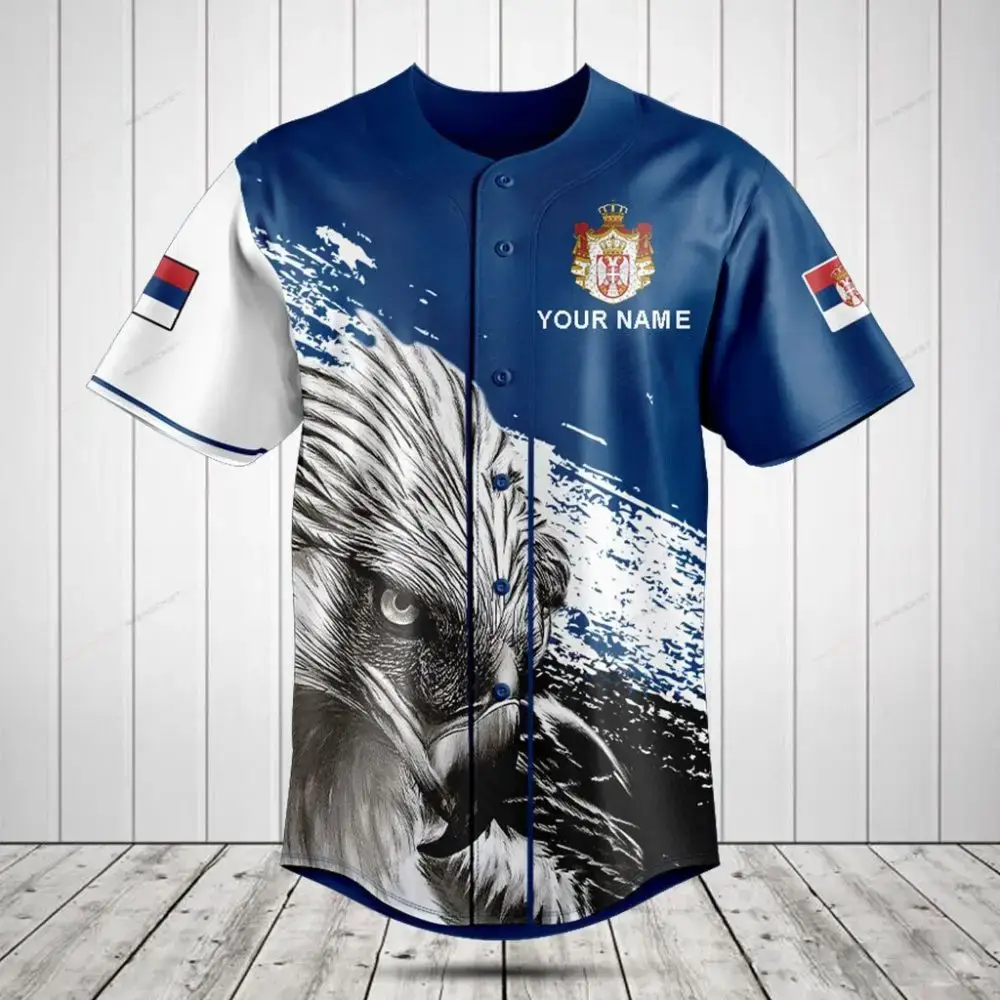 Customizable Eagle Design Baseball Jersey - Unique Blue & White Sportswear With Flag Accents Image