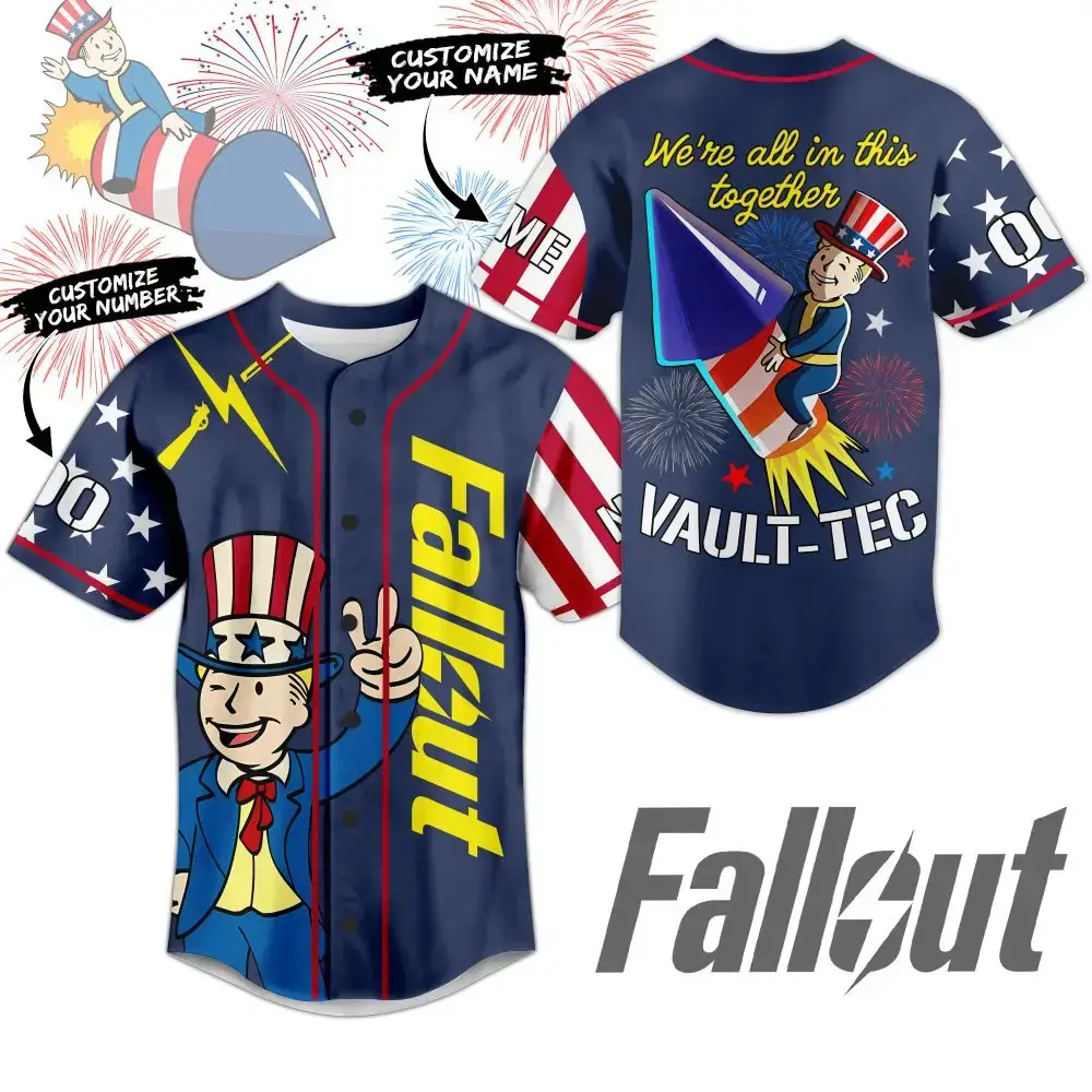 Customizable Fallout Vault-Tec Baseball Jersey – Unique Patriotic Design, Add Name & Number! Image