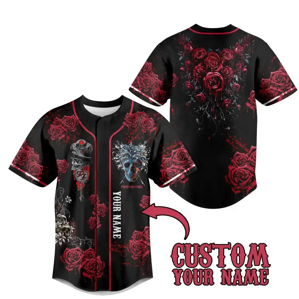 Customizable Gothic Roses Baseball Jersey – Personalize With Your Name – Unique Design Image