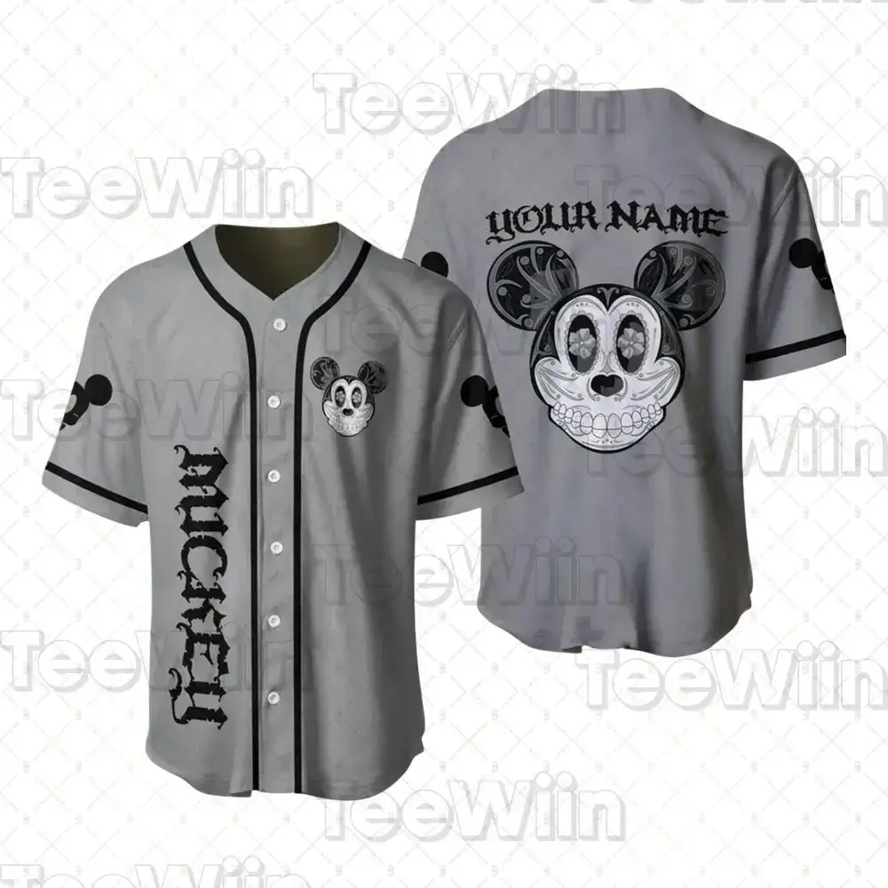 Customizable Gray Baseball Jersey With Cartoon Skull Design - Perfect Gift For Fans! Image