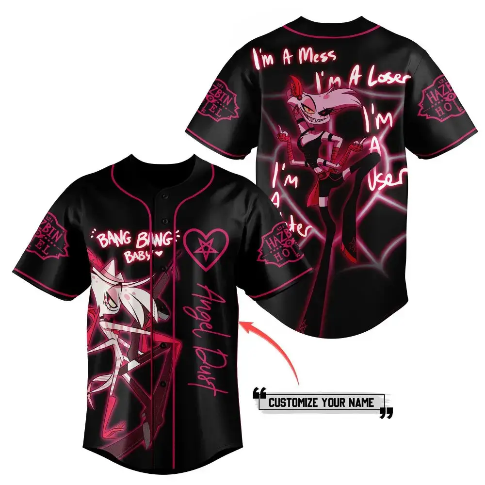 Customizable Hazbin Hotel Angel Dust Baseball Jersey - Bold Neon Design Image