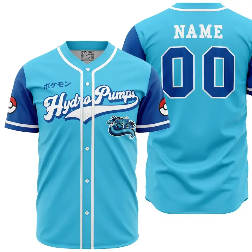 Customizable Hydro Pumps Baseball Jersey – Blue Pokémon-Inspired Shirt With Unique Design Image