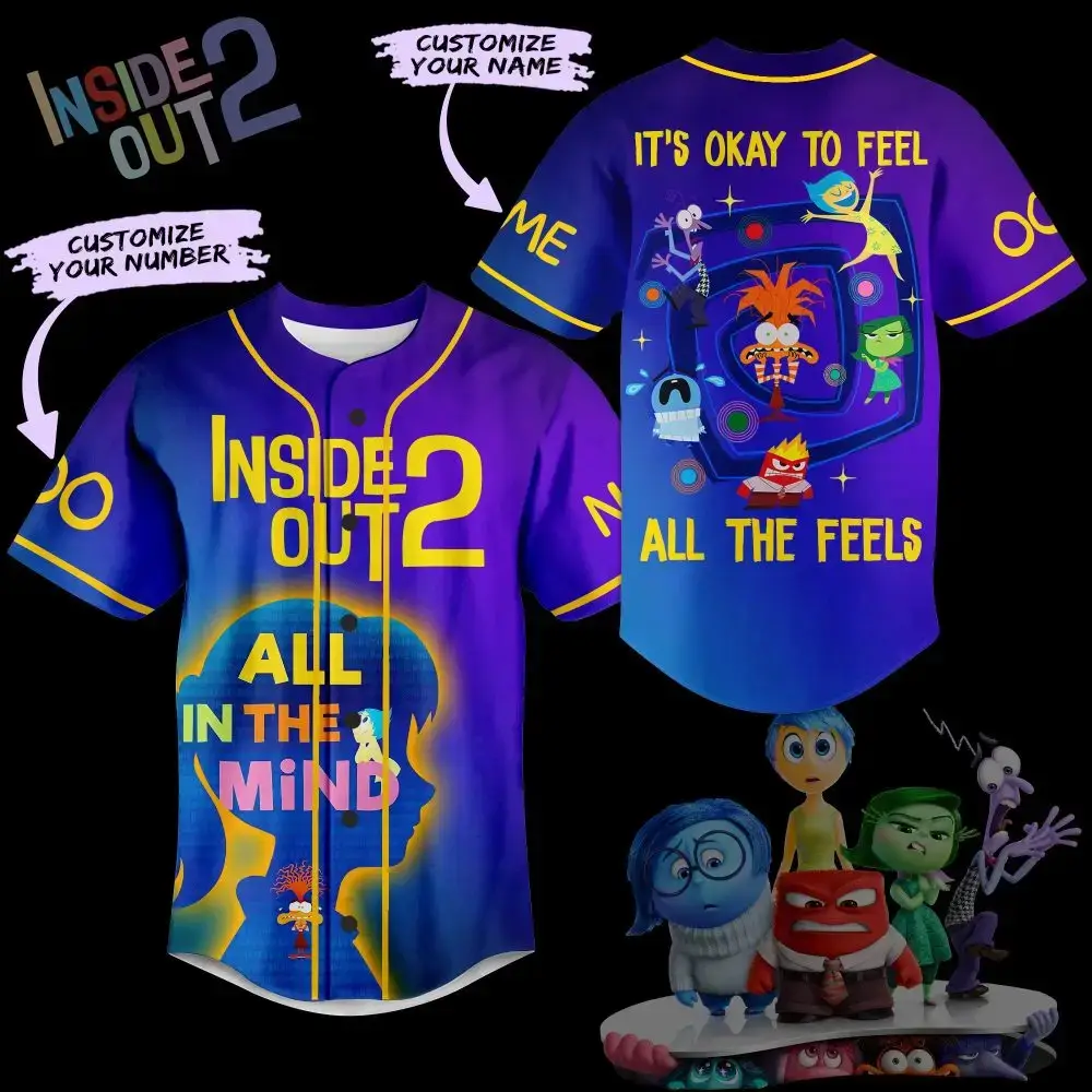 Customizable Inside Out 2 Baseball Jersey - Personalize Name & Number - Vibrant Emotional Design Image