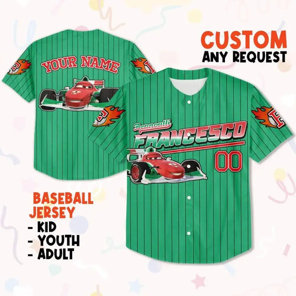 Customizable Kids Baseball Jersey - Fun Racing Car Design - Personalize With Your Name! Image