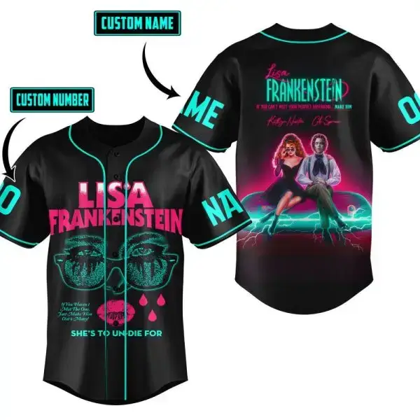 Customizable Lisa Frankenstein Neon Baseball Jersey – Unique Retro Horror Design Image