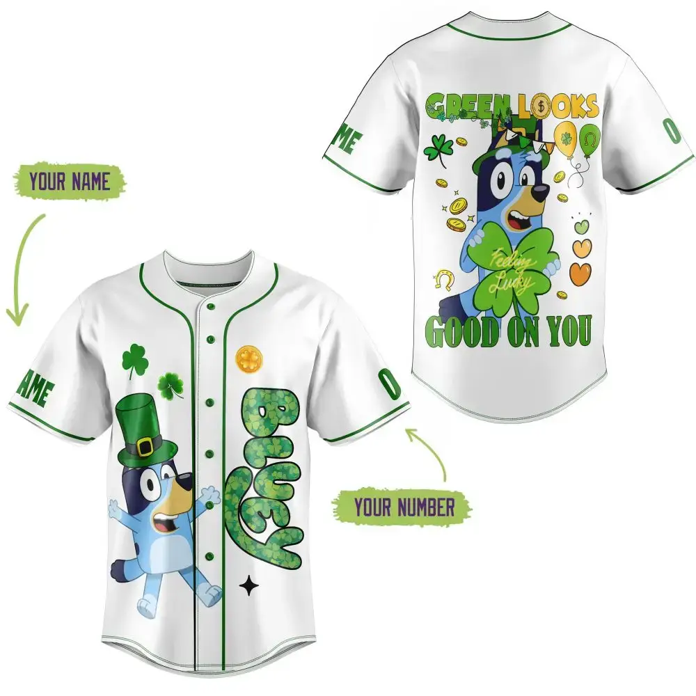 Customizable Lucky Blue Dog Baseball Jersey - Personalized Name & Number - Perfect For St. Patrick’S Day! Image