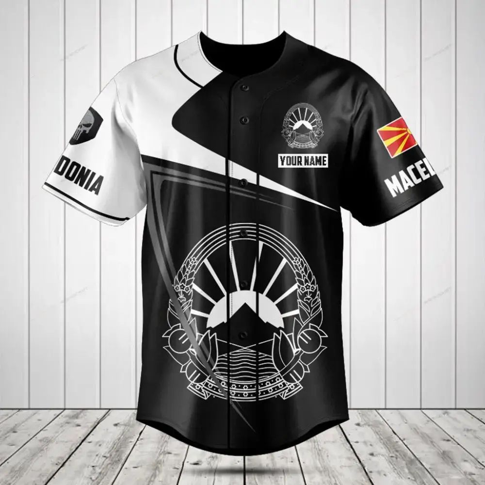 Customizable Macedonia Baseball Jersey - Unique Black & White Design With Flag And Name Personalization Image