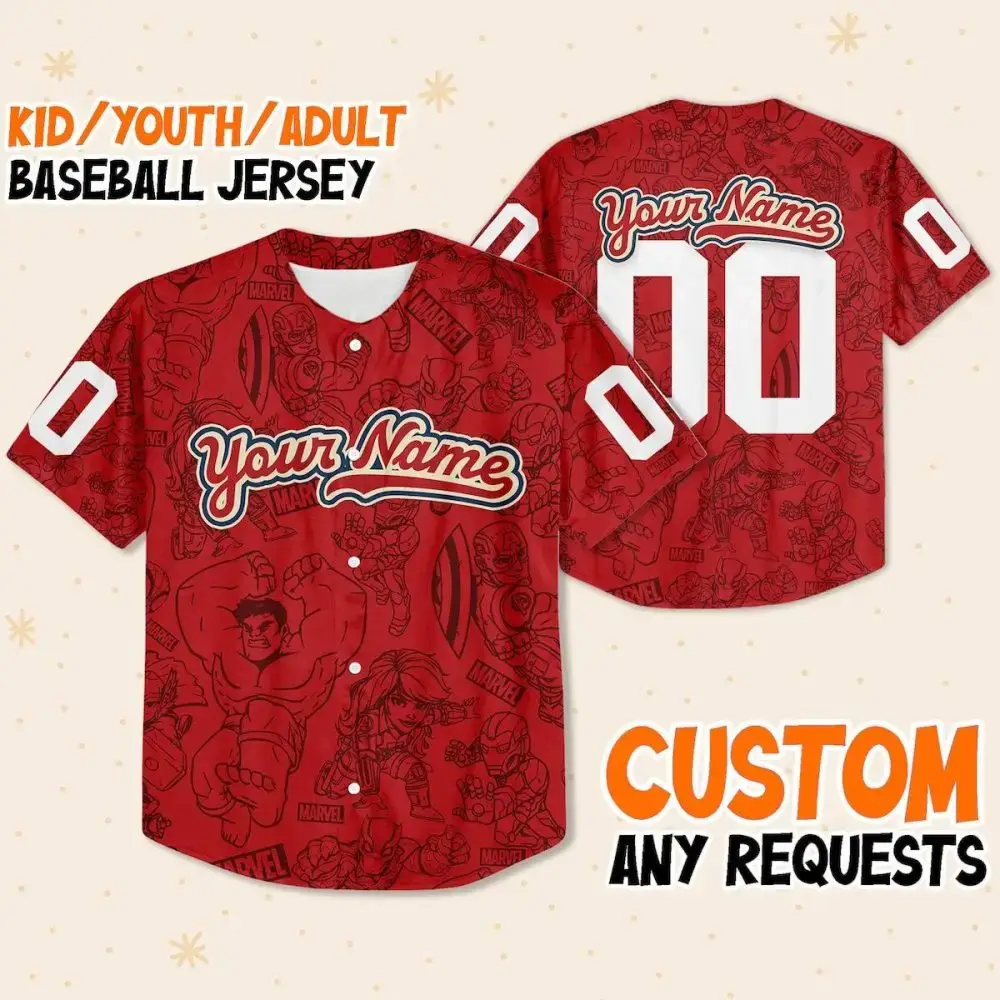 Customizable Marvel Baseball Jersey For Kids/Youth/Adults - Add Your Name & Number! Image
