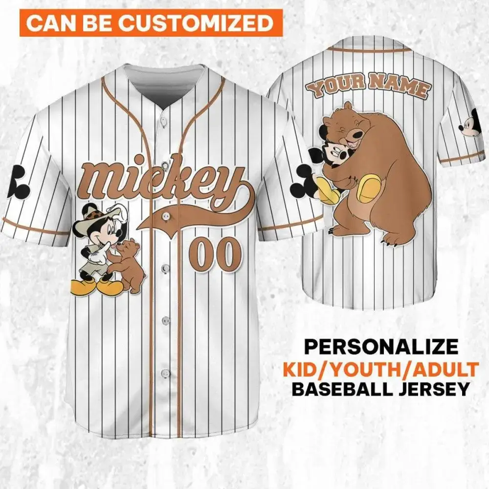 Customizable Mickey & Bear Baseball Jersey - Kids/Youth/Adult Sizes, Personalize Now! Image