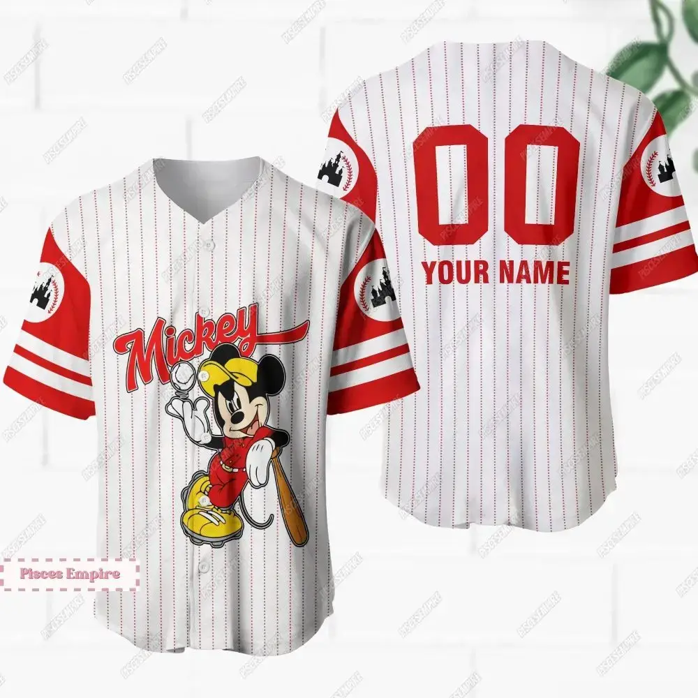 Customizable Mickey Baseball Jersey – Personalized Name & Number, Red Stripes, Unisex Image